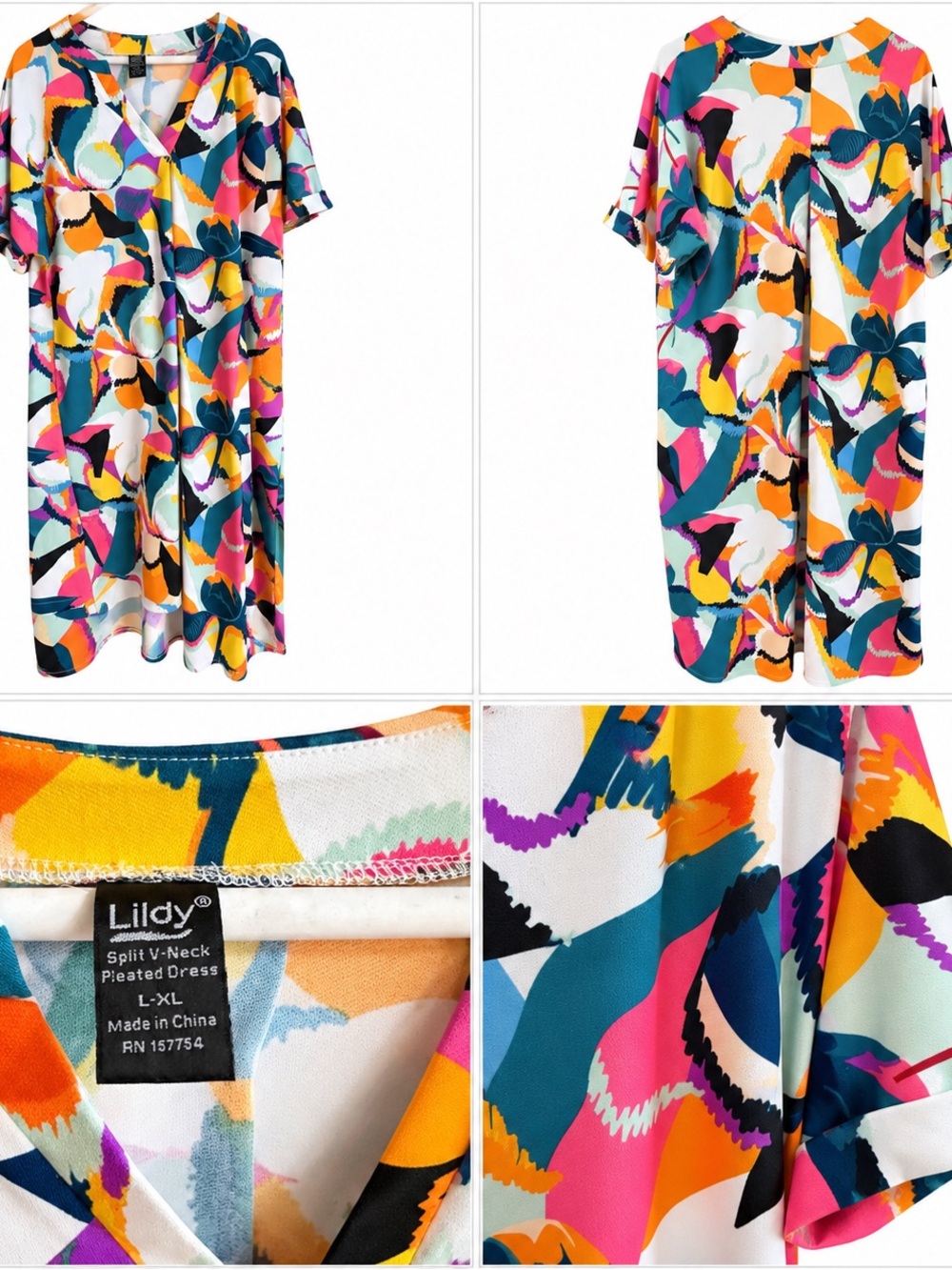 Lildy Women’s Multicolor Abstract V-Neck Pleated Casual Dress